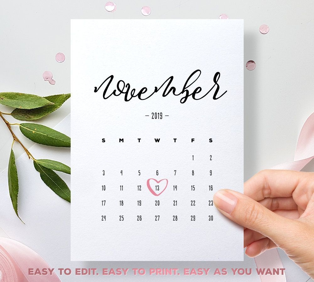 November 2019 Baby Due Date Announcement Editable Calendar
