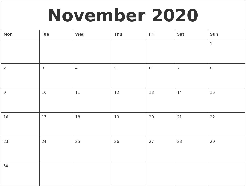 November 2020 Free Printable Weekly Calendar