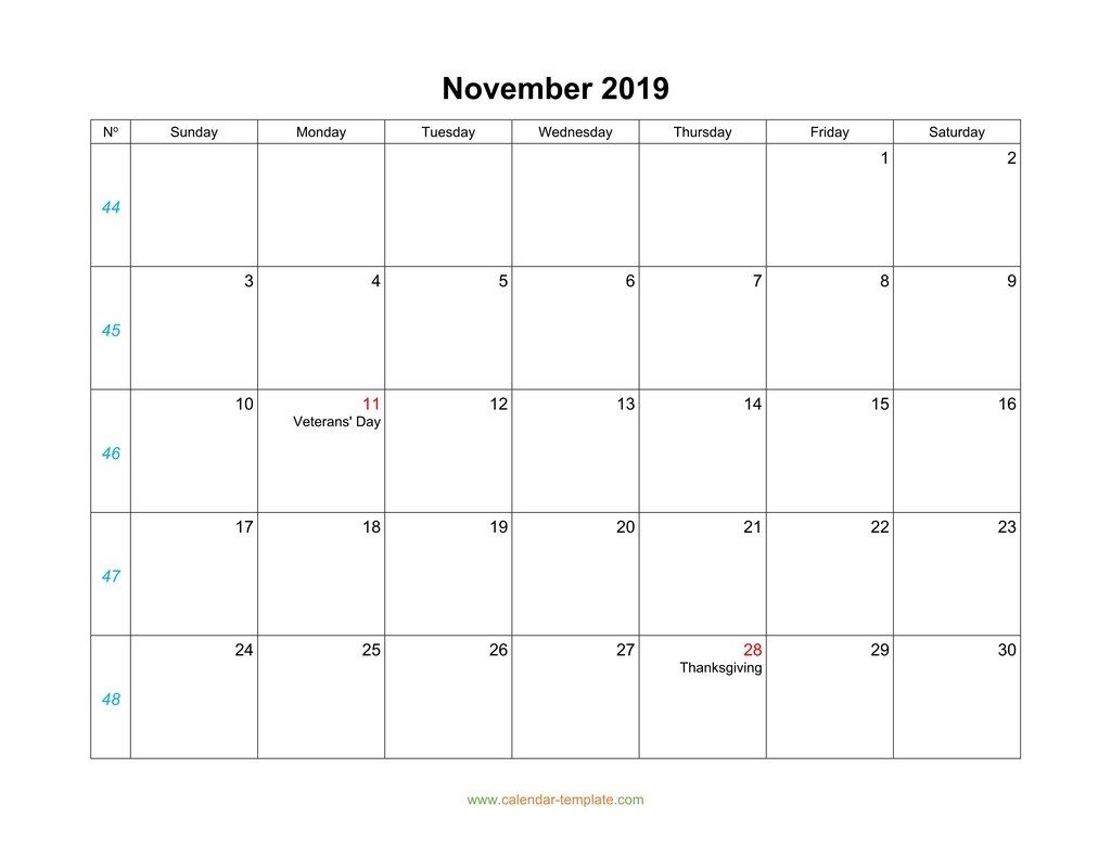 November Calendar 2019 Blank Template