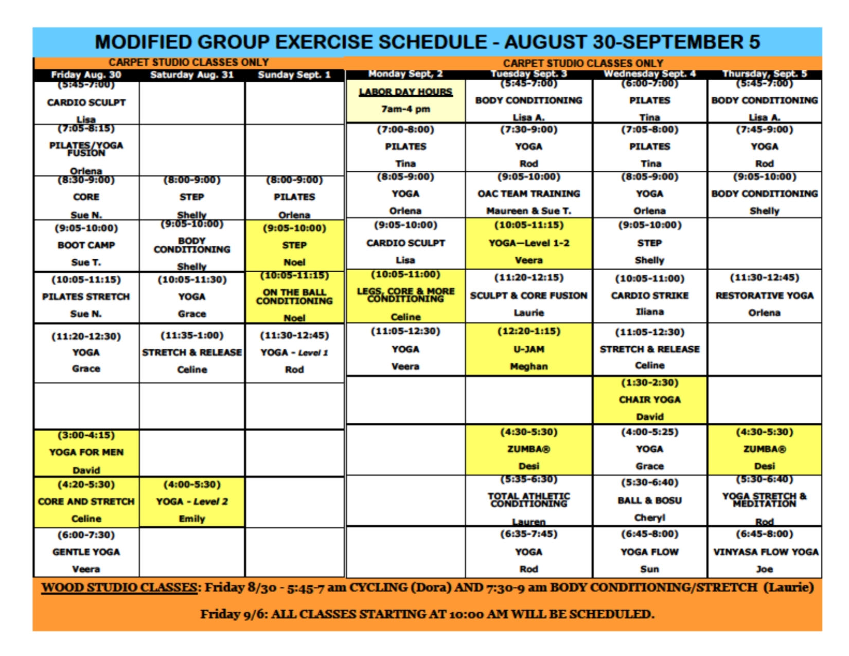 oakwood athletic club class schedule