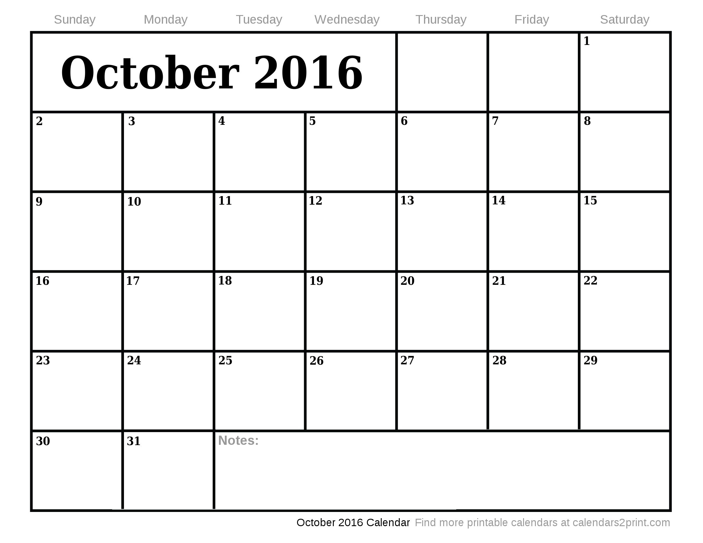 October 2016 Printable Calendar
