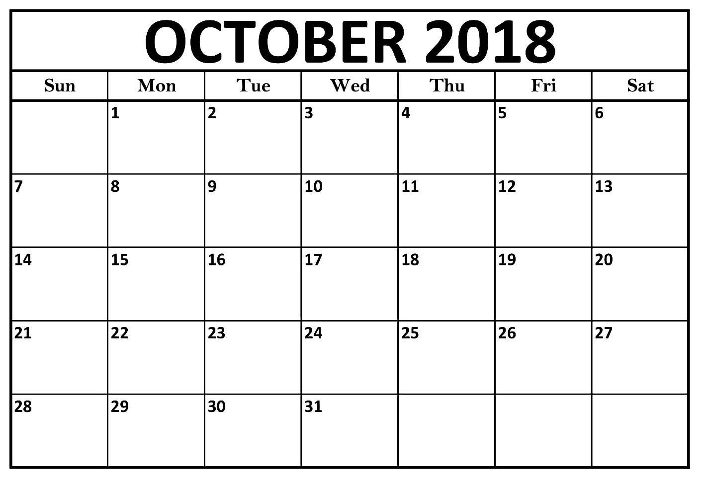 October Calendar 2018 Large Print Template (With Images