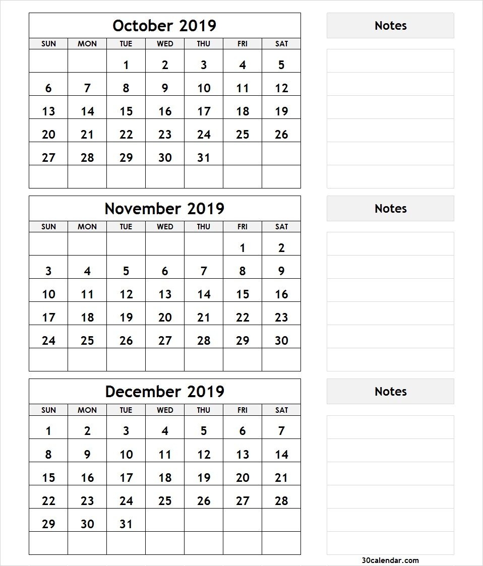 October November December 2019 Calendar | 3 Month Calendar