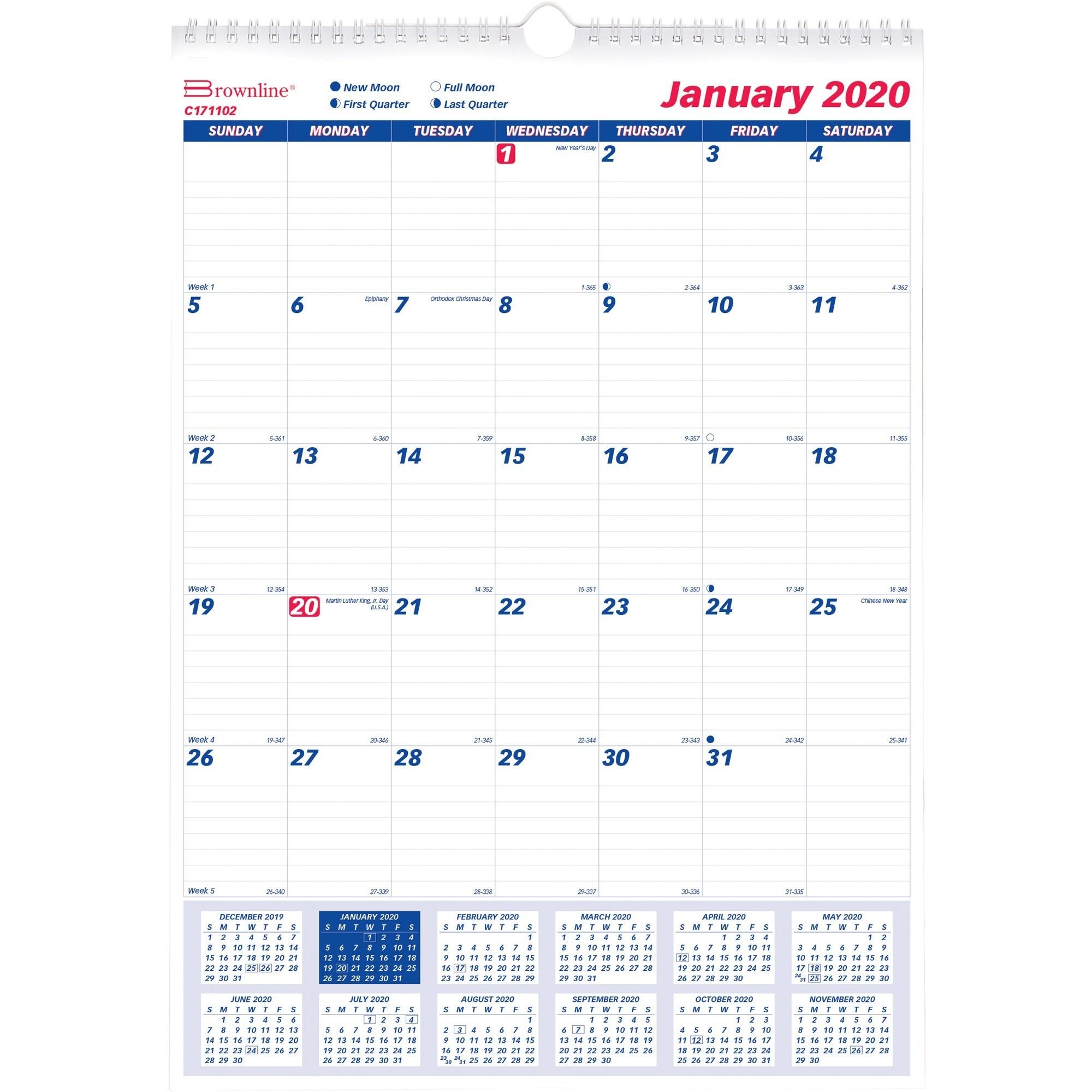 One Month Per Page Twin Wirebound Wall Calendar, 12 X 17, 2020
