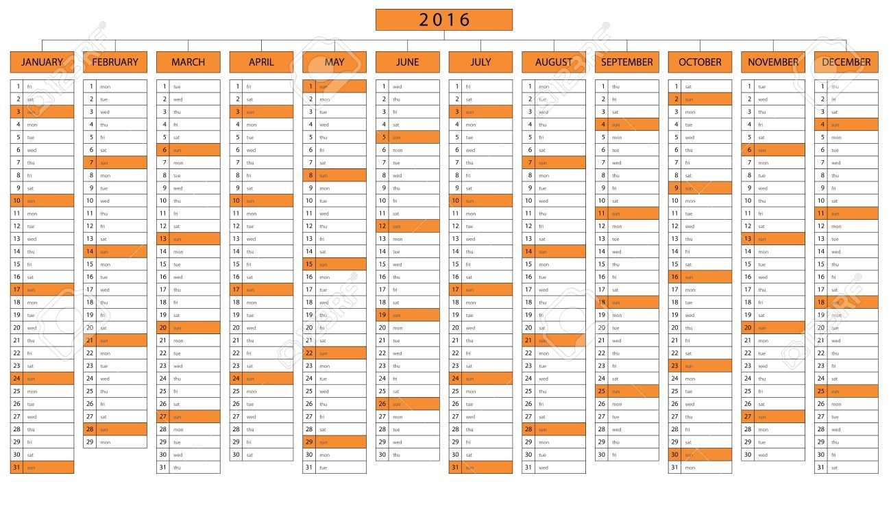 One Page Column Calendar For Year 2016 With Space For Write A..