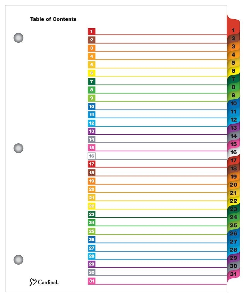 Onestep® Printable Table Of Contents Dividers, 1-31, Multicolor