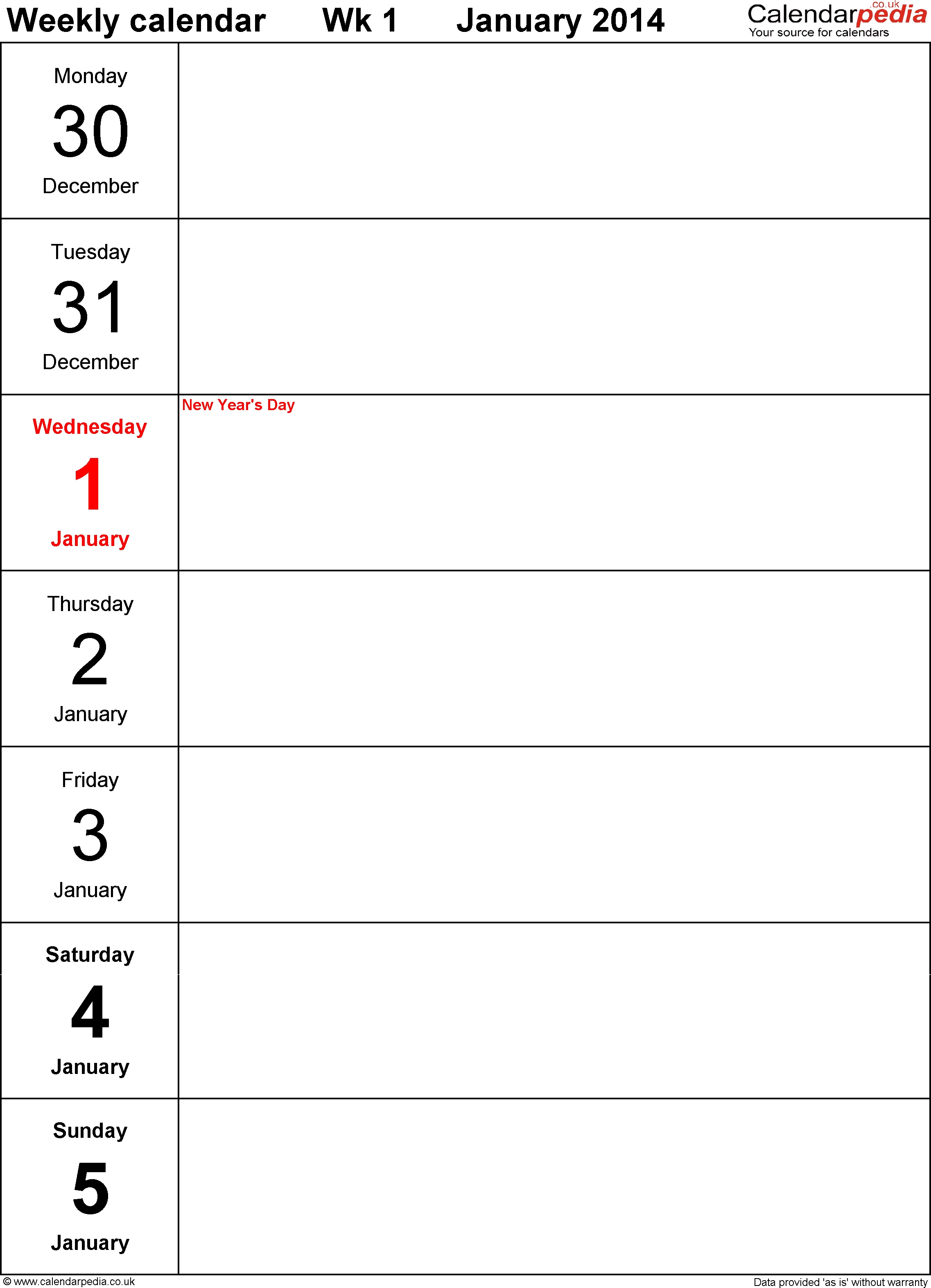 Pdf Template 4: Weekly Calendar 2014, Portrait Orientation