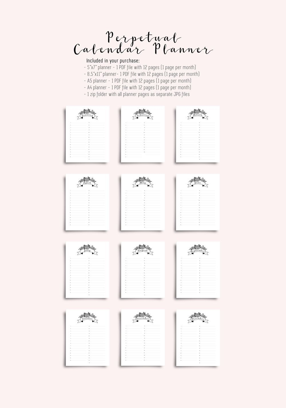 Perpetual Calendar Planner - Printable Calendar Pages. 5X7