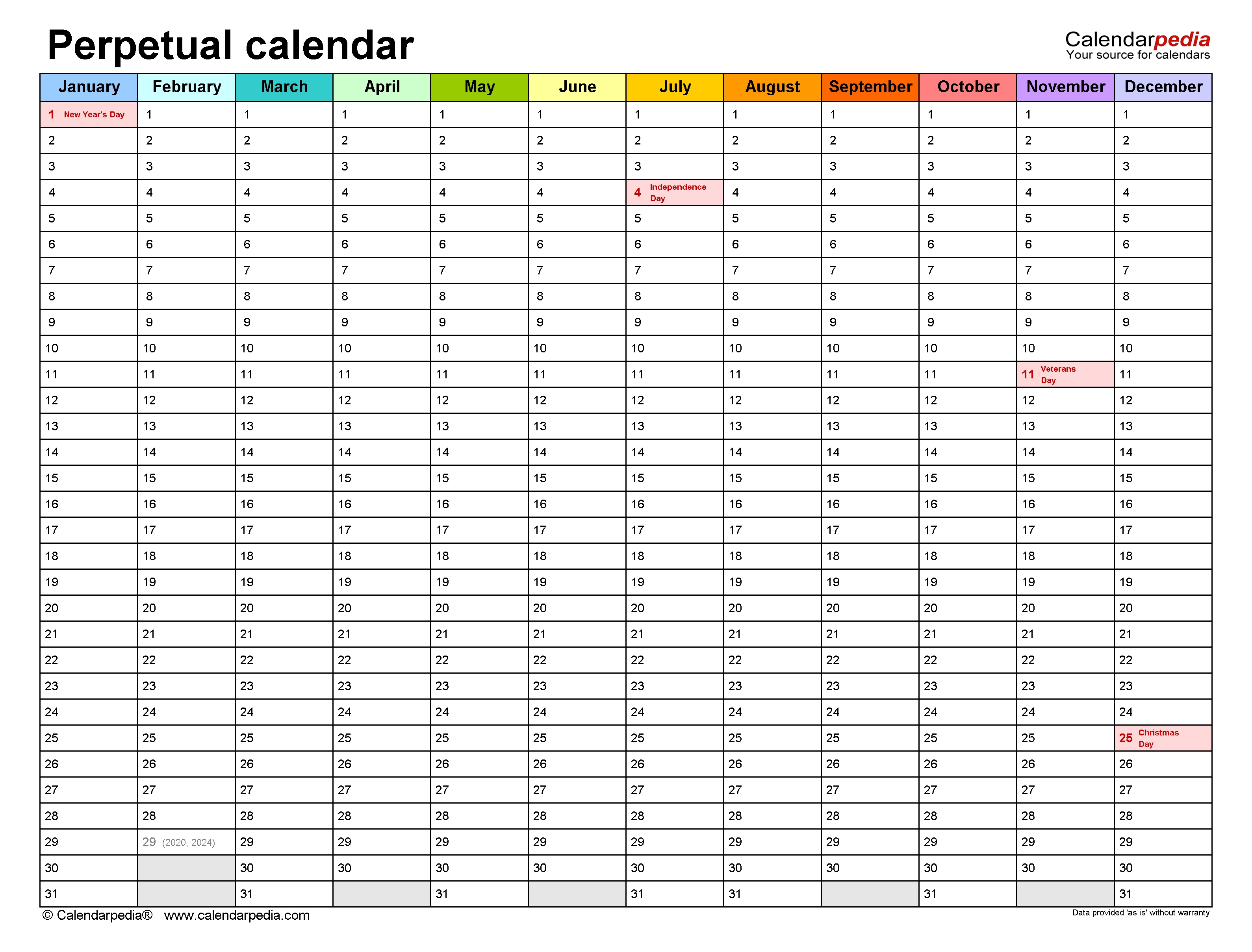 Perpetual Calendar Chart Free Printable