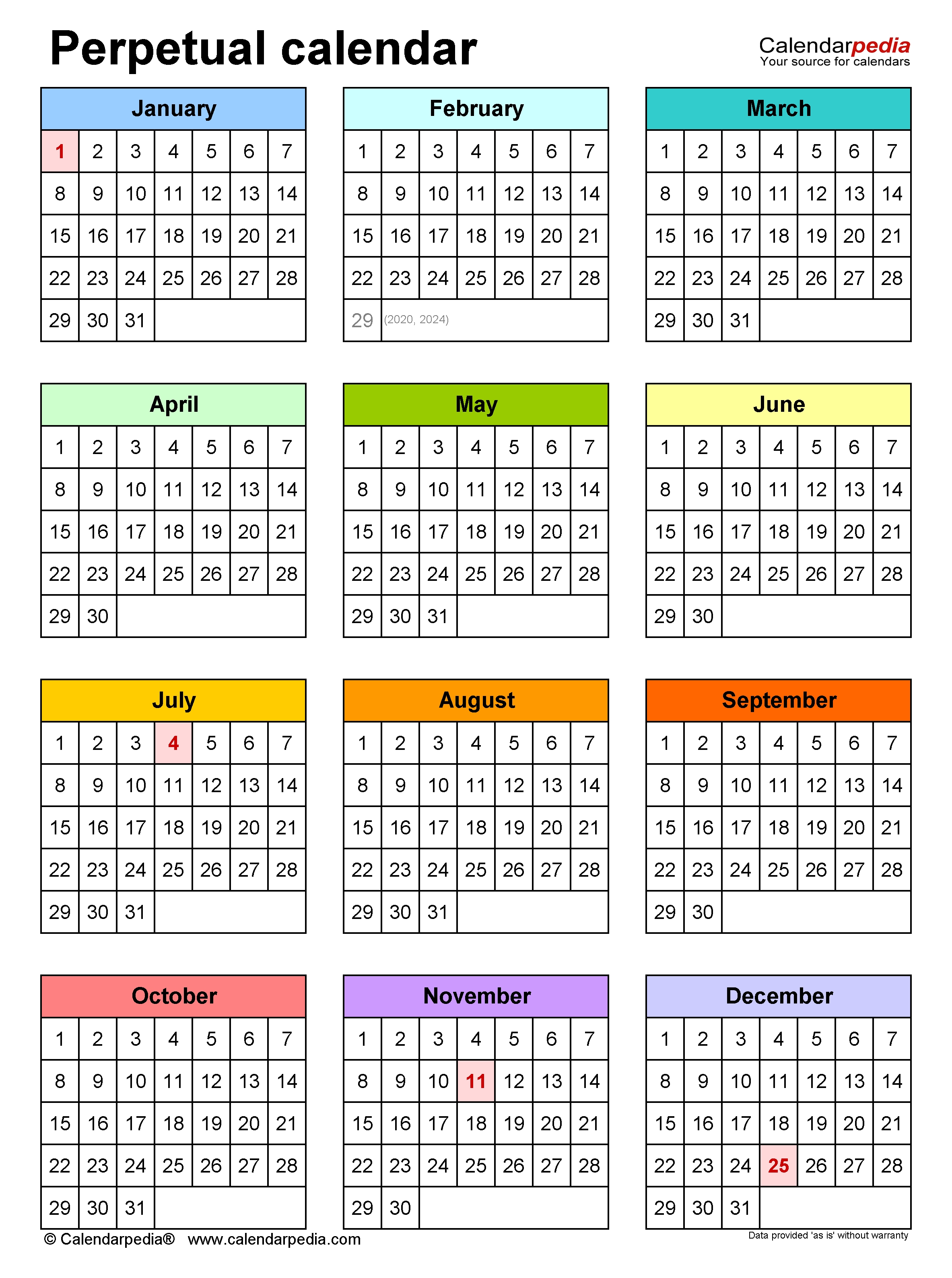 Perpetual Calendars - Free Printable Microsoft Excel Templates