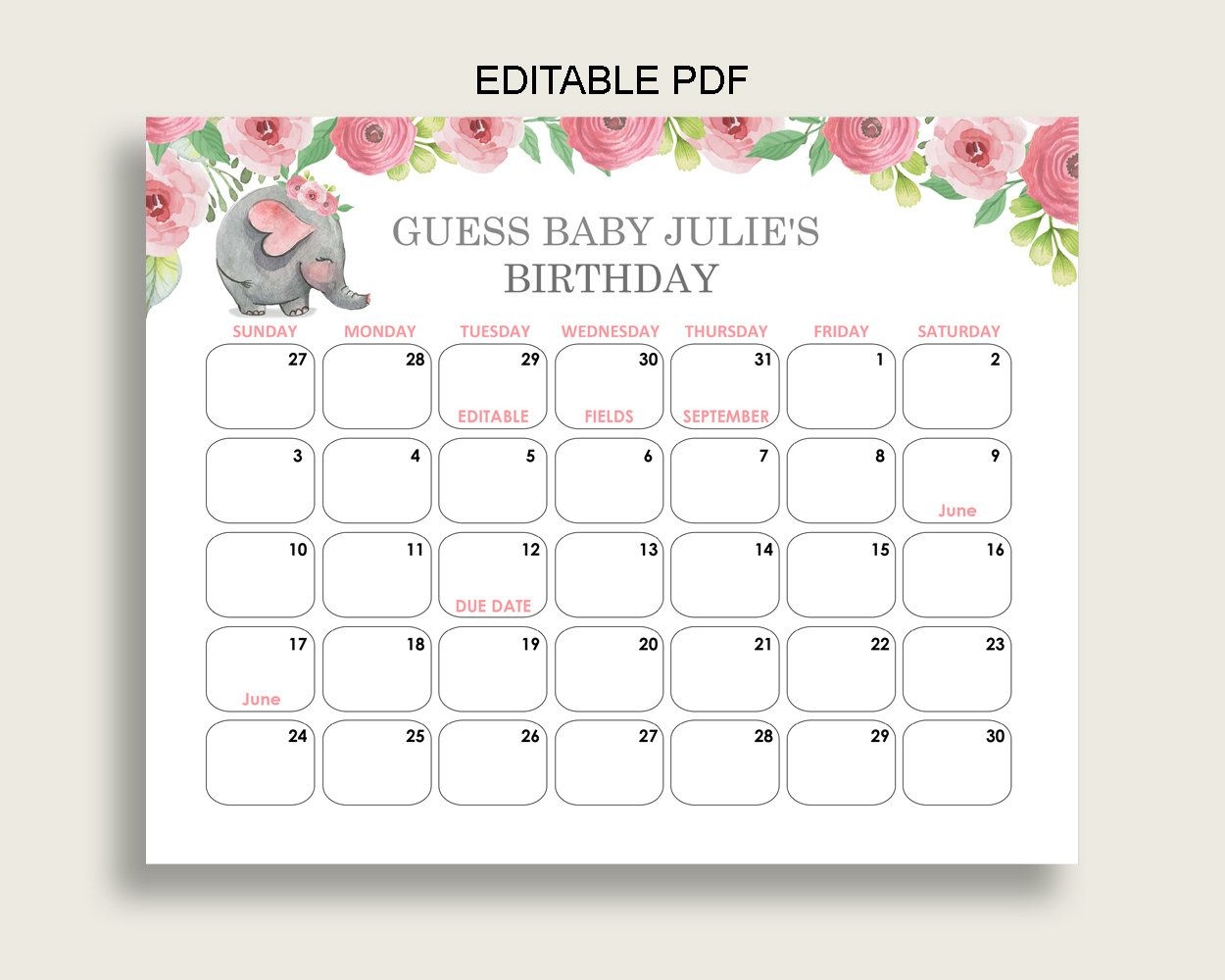 Pink Grey Guess Baby Due Date Calendar Game Printable, Pink Elephant Baby  Shower Girl Birthday Prediction Calendar Editable, Instant Ep001