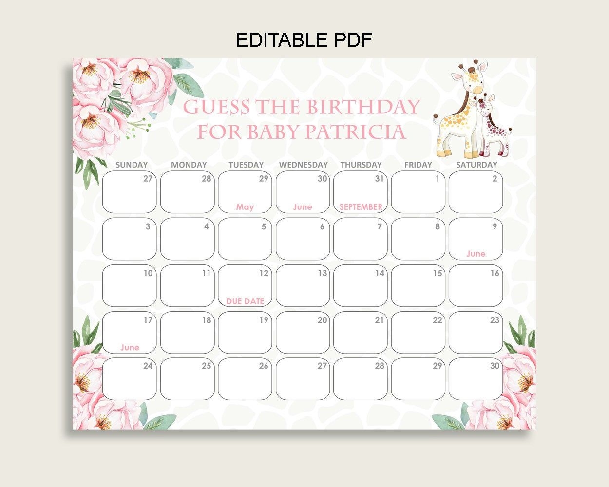 Pink Yellow Guess Baby Due Date Calendar Game Printable, Giraffe Baby  Shower Girl Birthday Prediction Calendar Editable, Instant Sa001