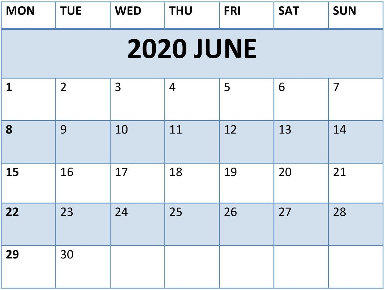 Print June Calendar 2020 Free Blank Editable Template - Pdf