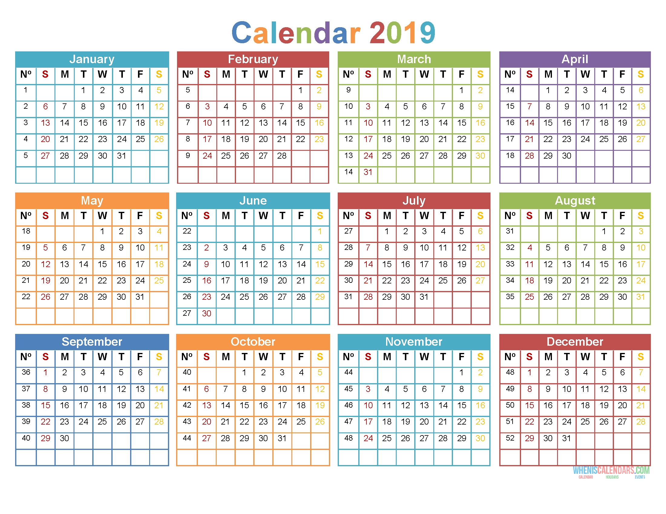 Printable 2019 12 Month Calendar Template Word, Pdf [ Us