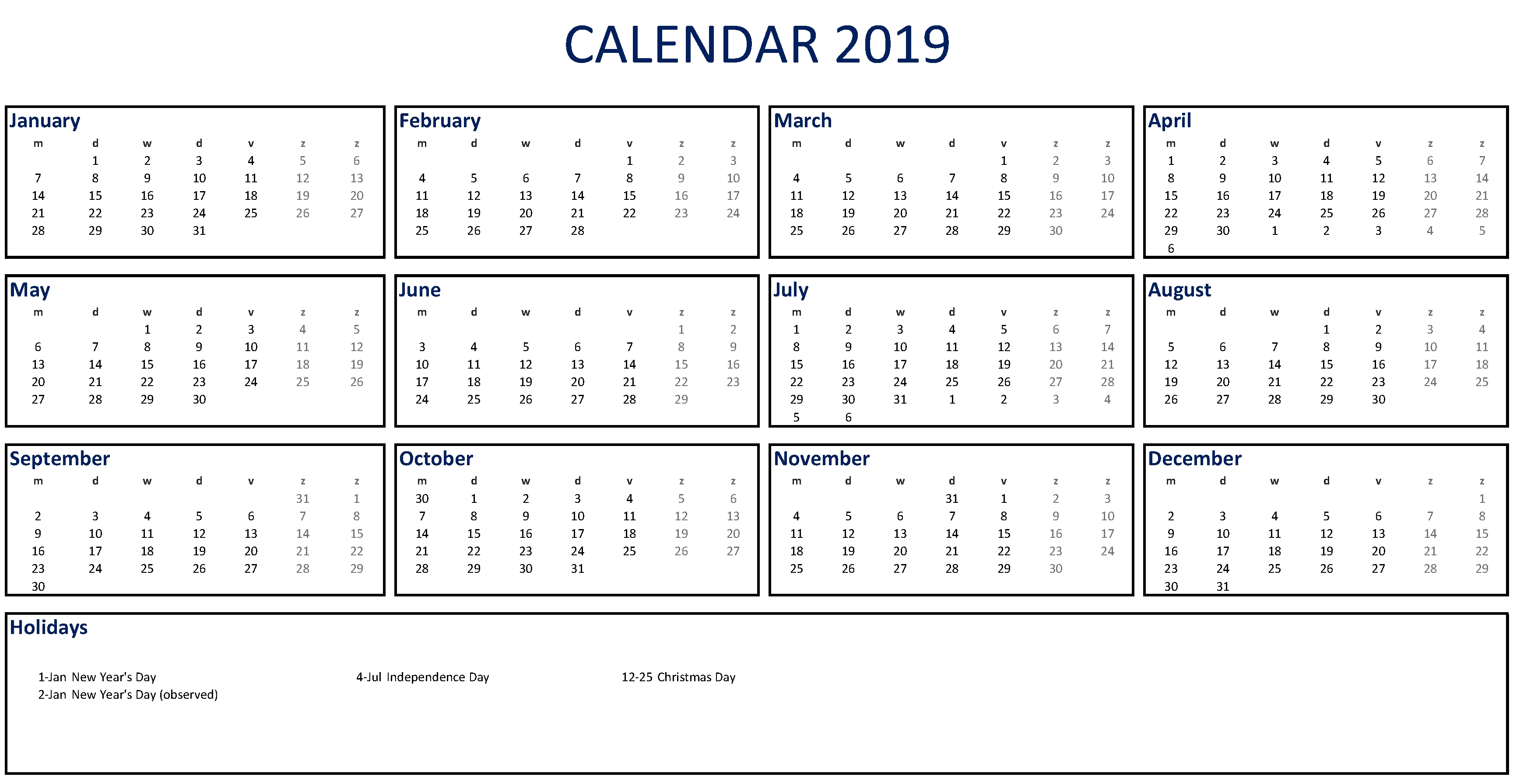 Printable 2019 Calendar Excel | Templates At