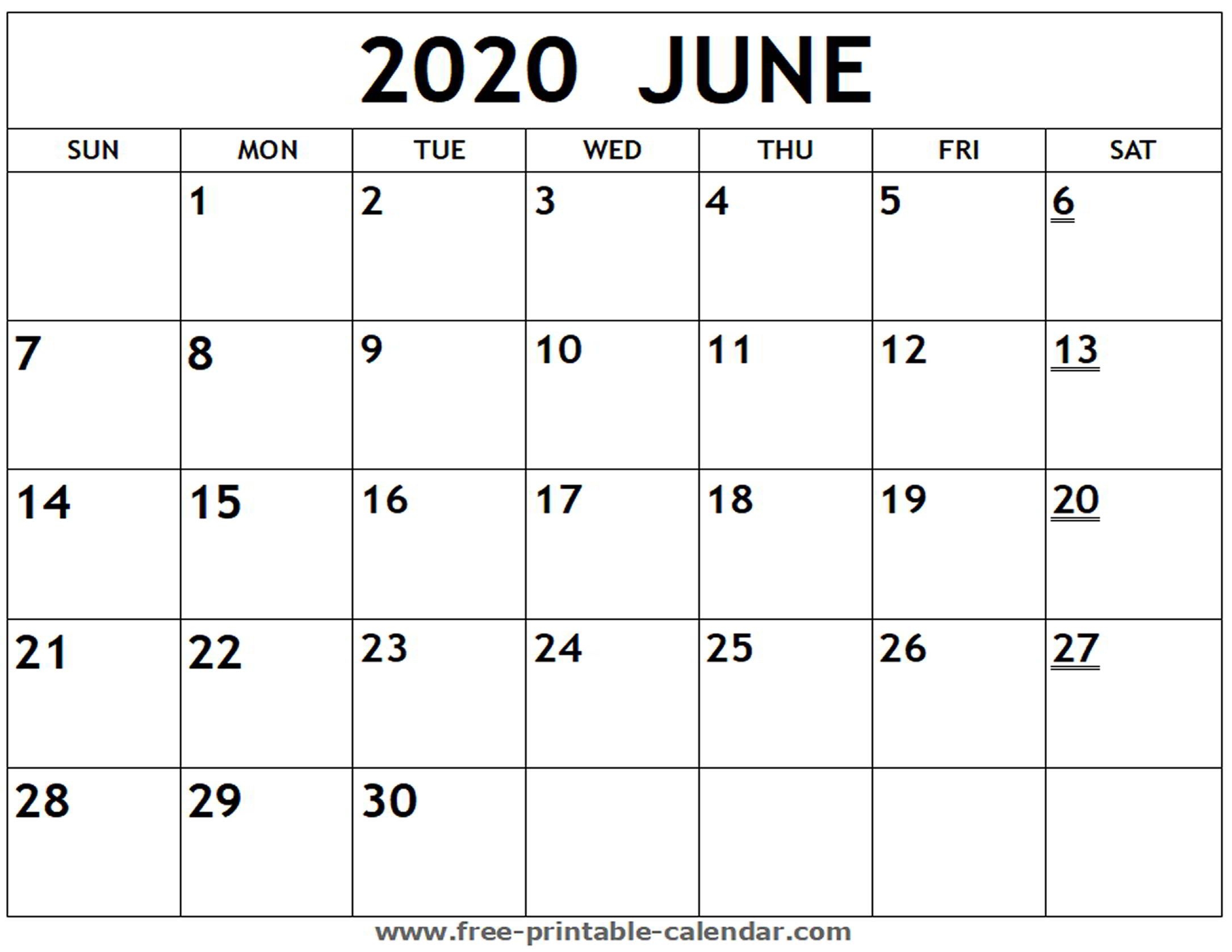Printable 2020 June Calendar - Free-Printable-Calendar