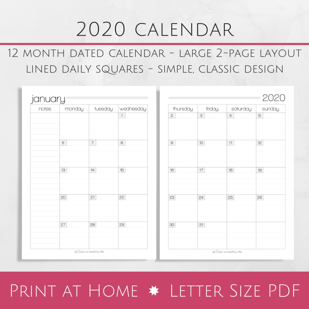 Printable 2020 Monthly Calendar - Large 2-Page Layout — Plan A Healthy Life