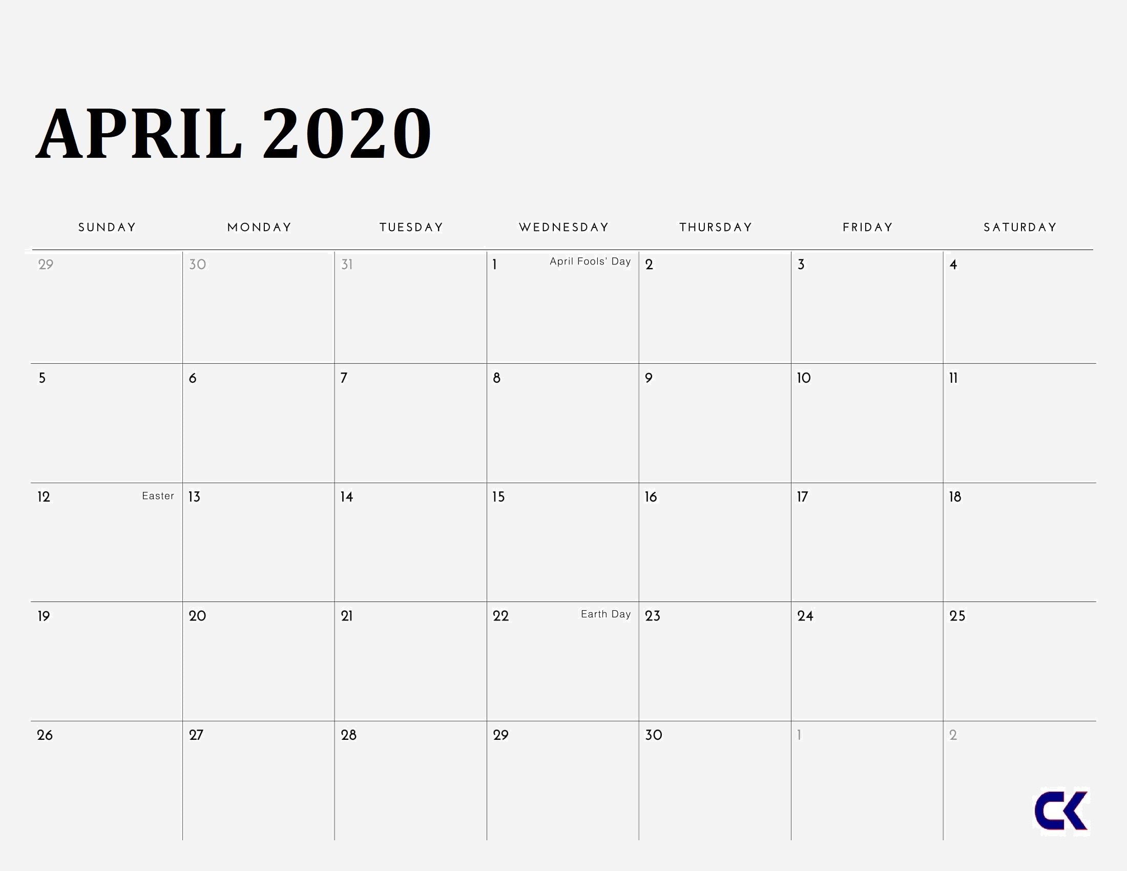 Printable April 2020 Calendar » Calendarkart