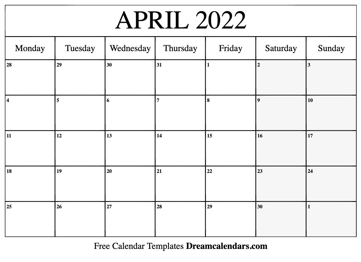 Printable April 2022 Calendar