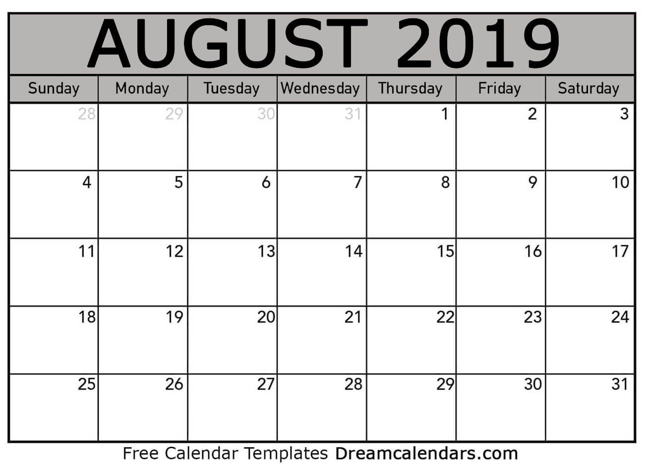 Printable August 2019 Calendar