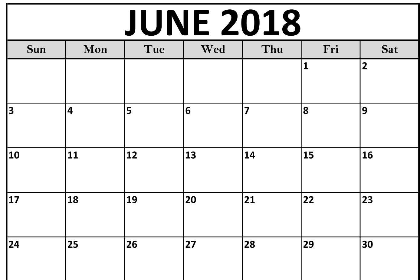 Printable Blank Calendar June 2018 – Business Calendar Templates