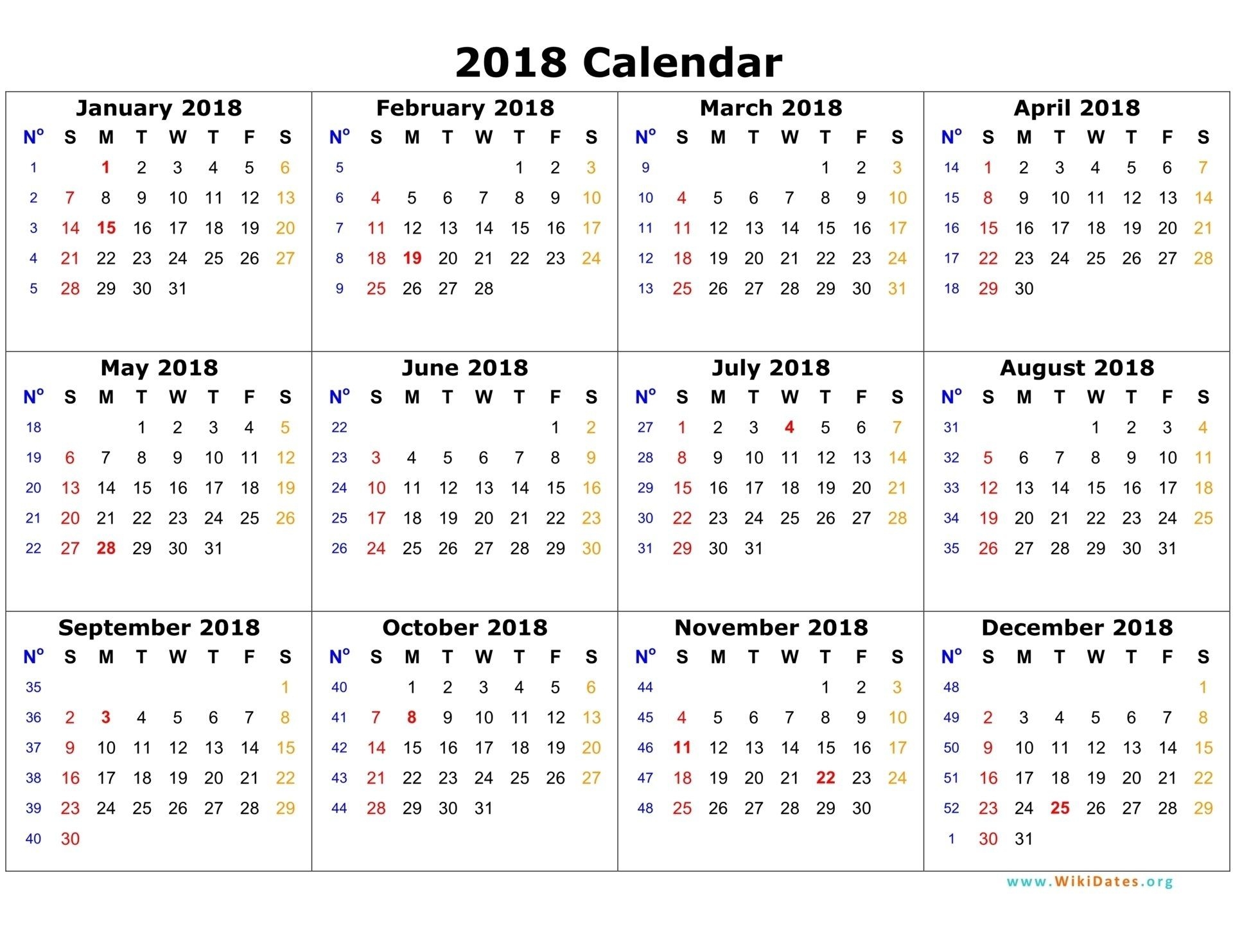 Printable Calendar 2018 - Free 2018 Blank Calendar Template