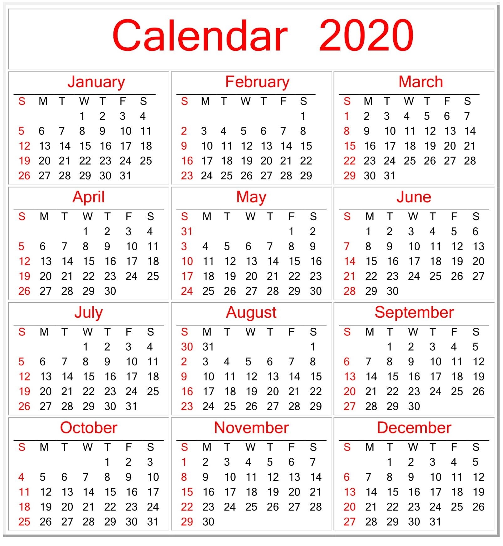 Printable Calendar 2020 Pdf Template - Free Latest Calendar