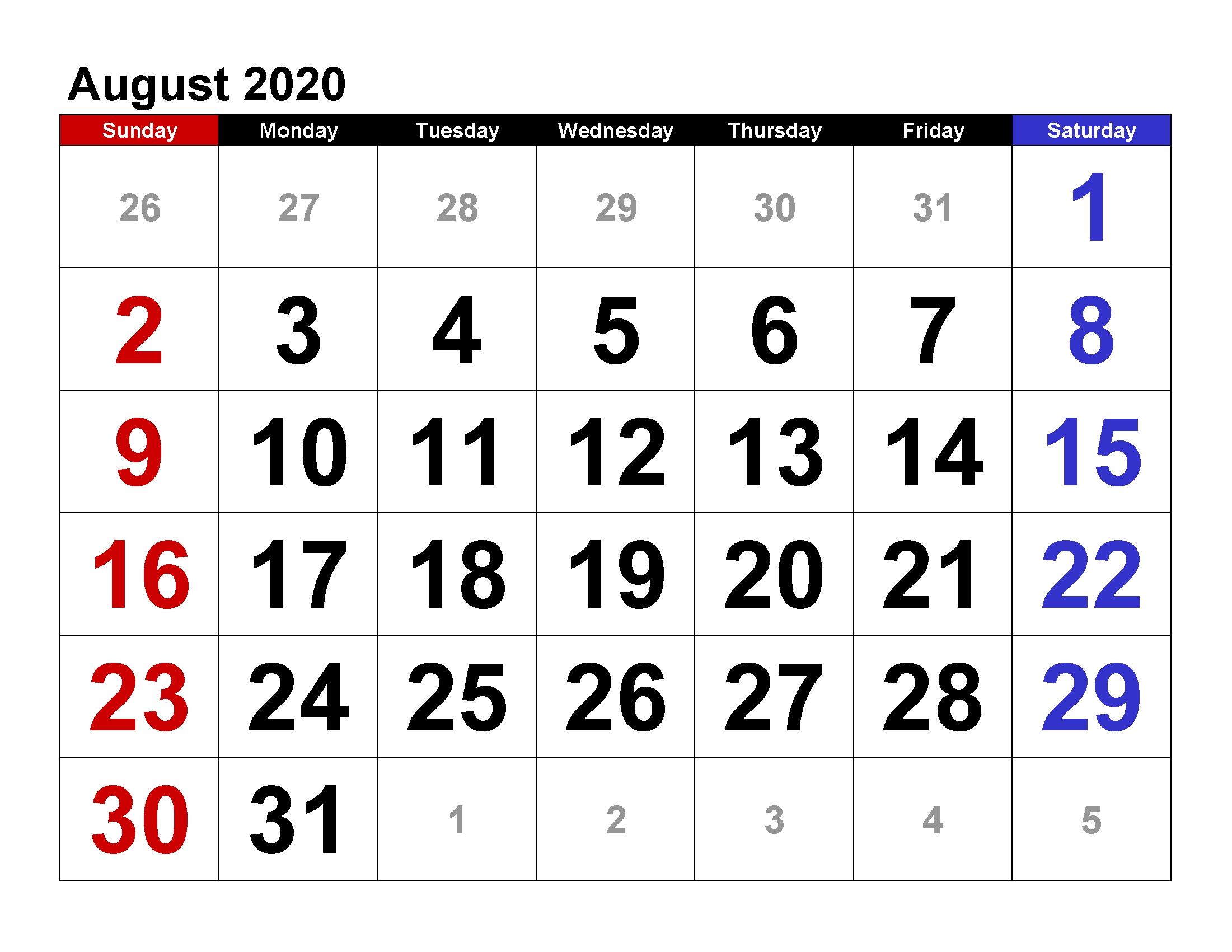 Printable Calendar Template August 2020 Calendar Large