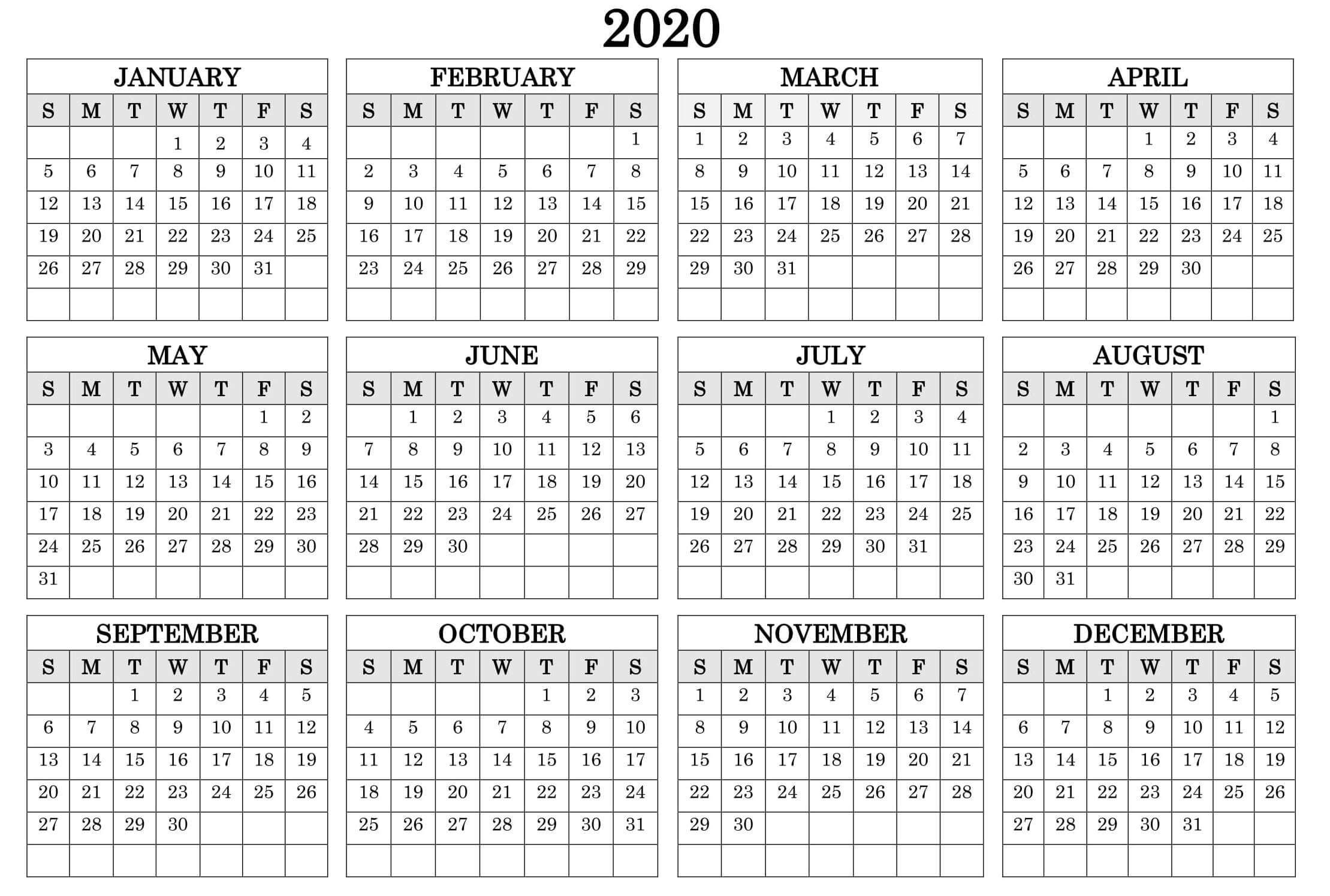 Printable Calendar Year 2020 Holidays Fillable Pdf - Set