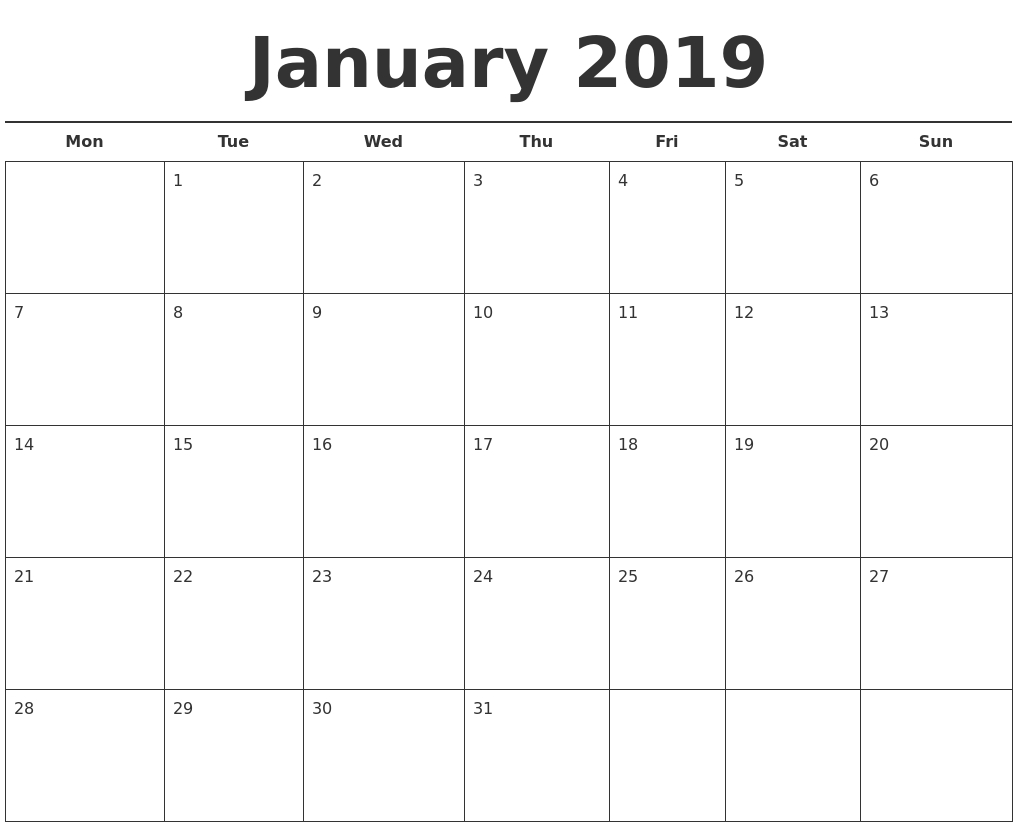 Printable January 2020 Calendar Monthly Template Download