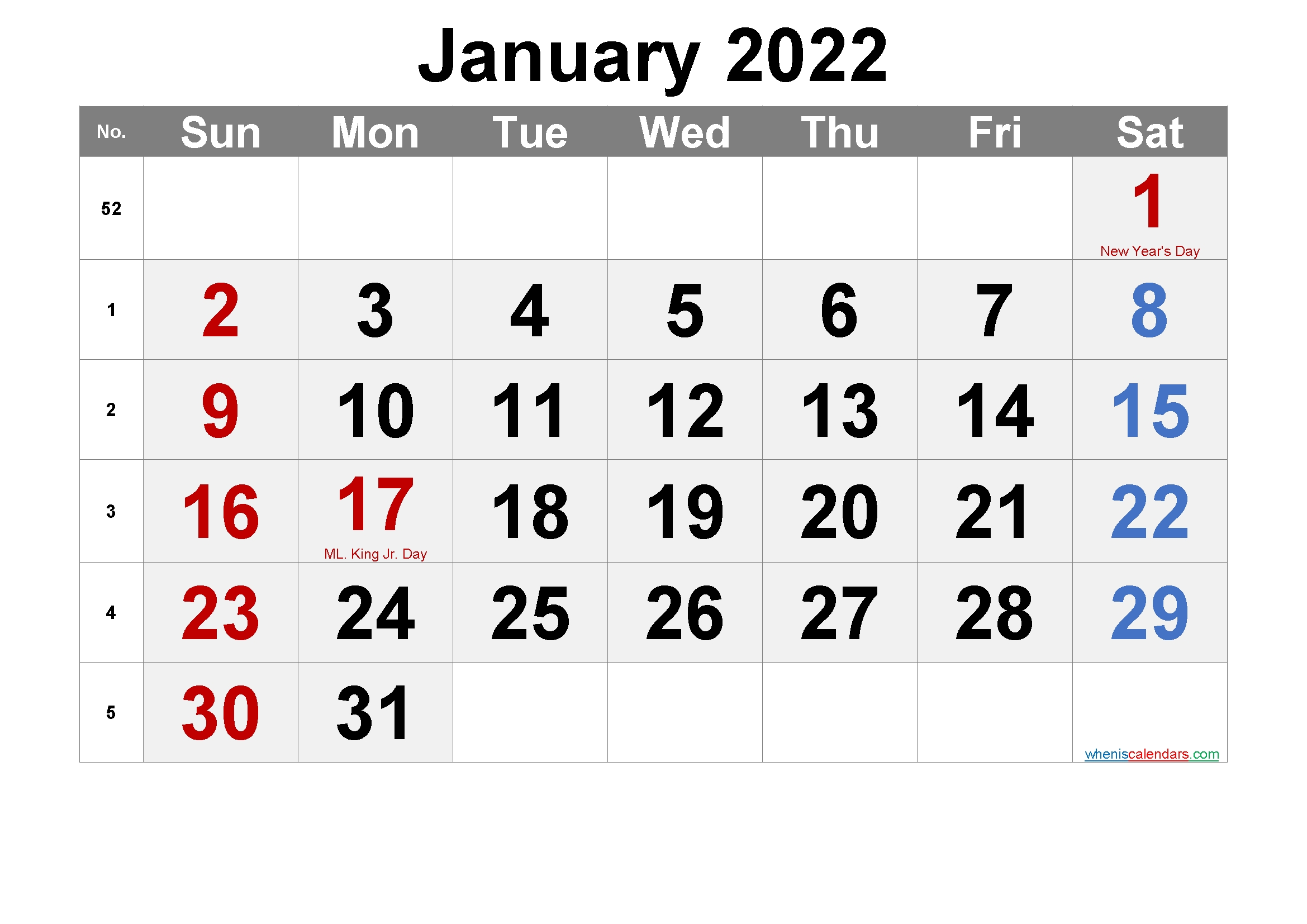 Printable January 2022 Calendar Pdf-Template No.ar22M61