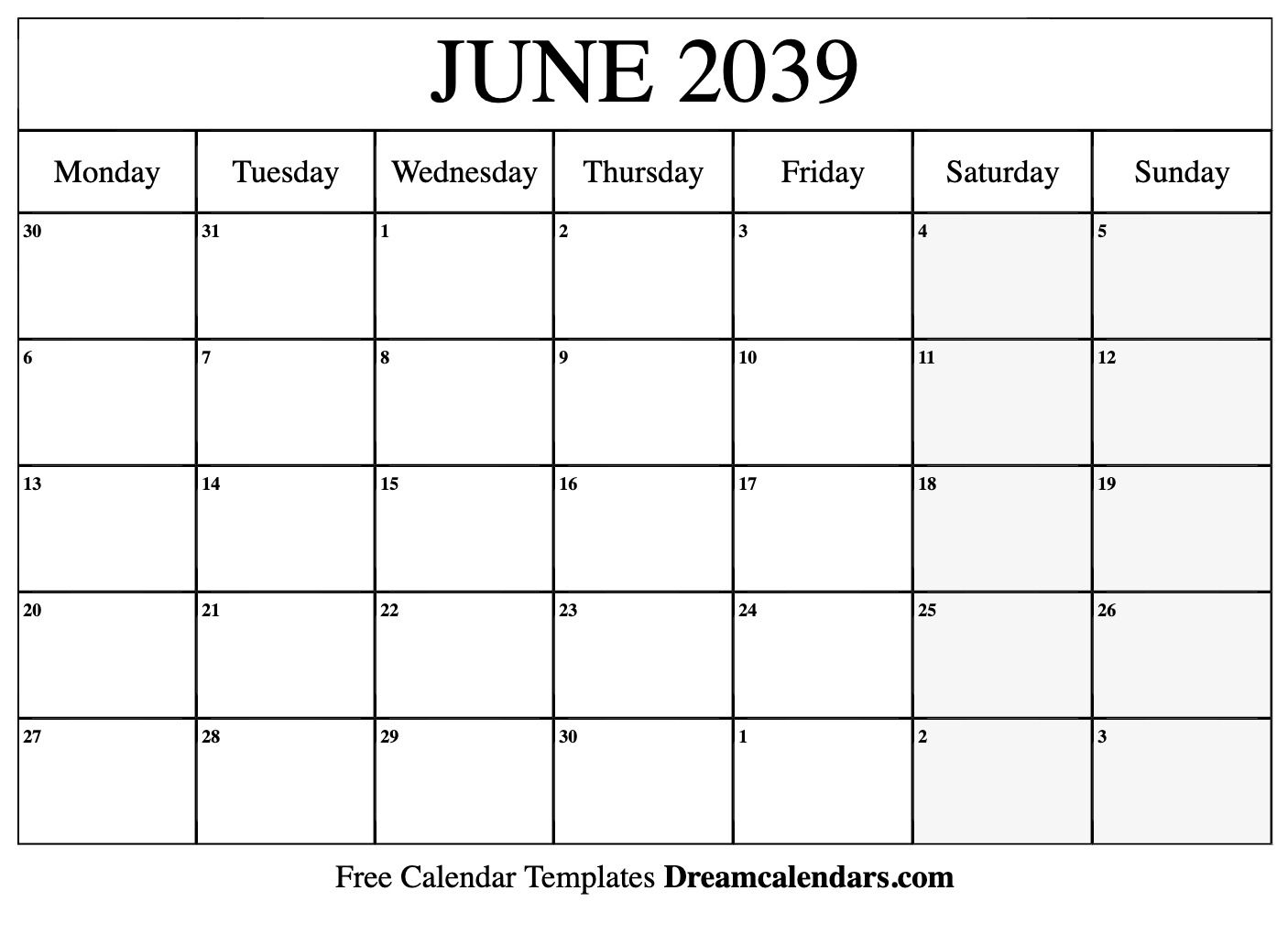 Printable June 2039 Calendar