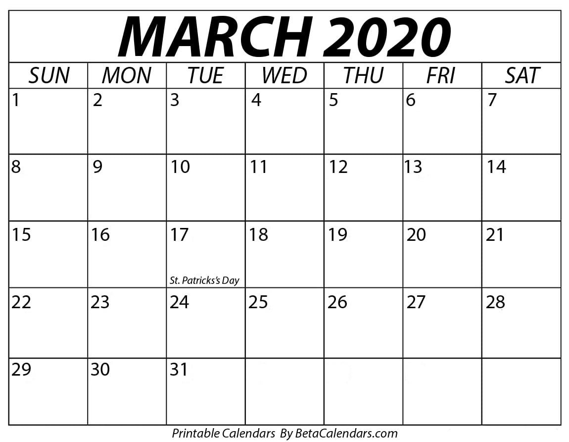 Printable March 2020 Calendar - Beta Calendars