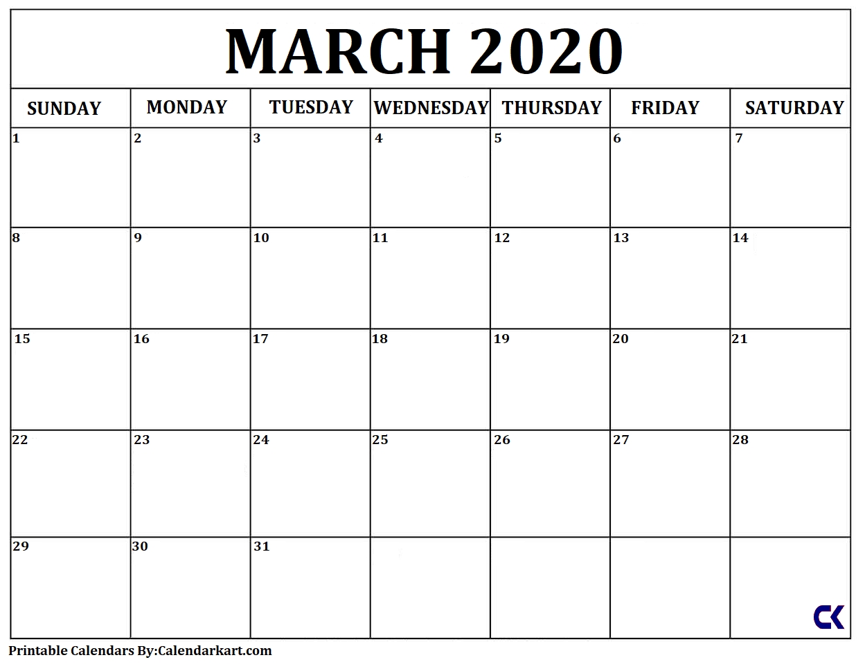 Printable March 2020 Calendar » Calendarkart