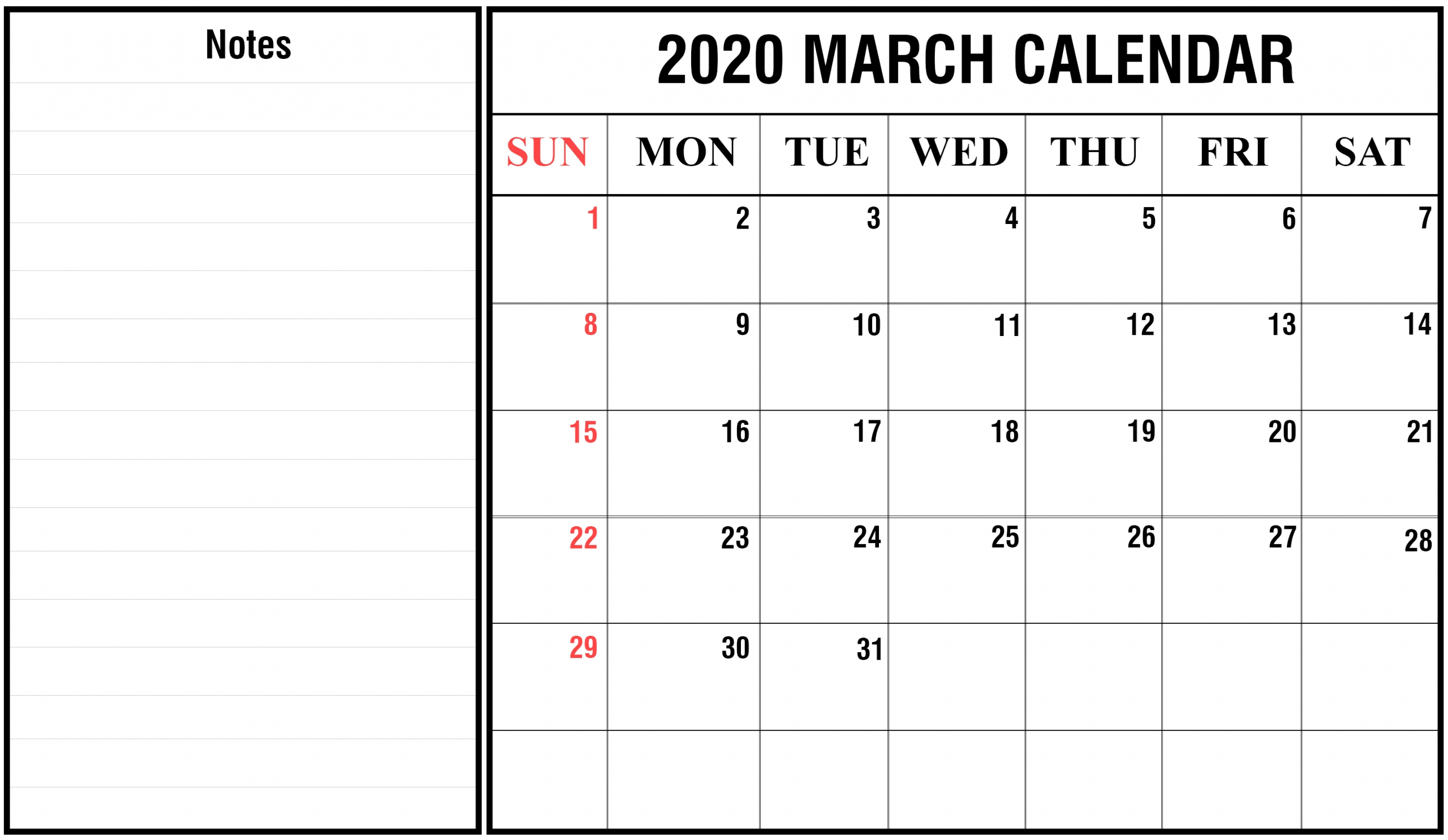 Printable March 2020 Calendar Pdf, Word, Excel Templates
