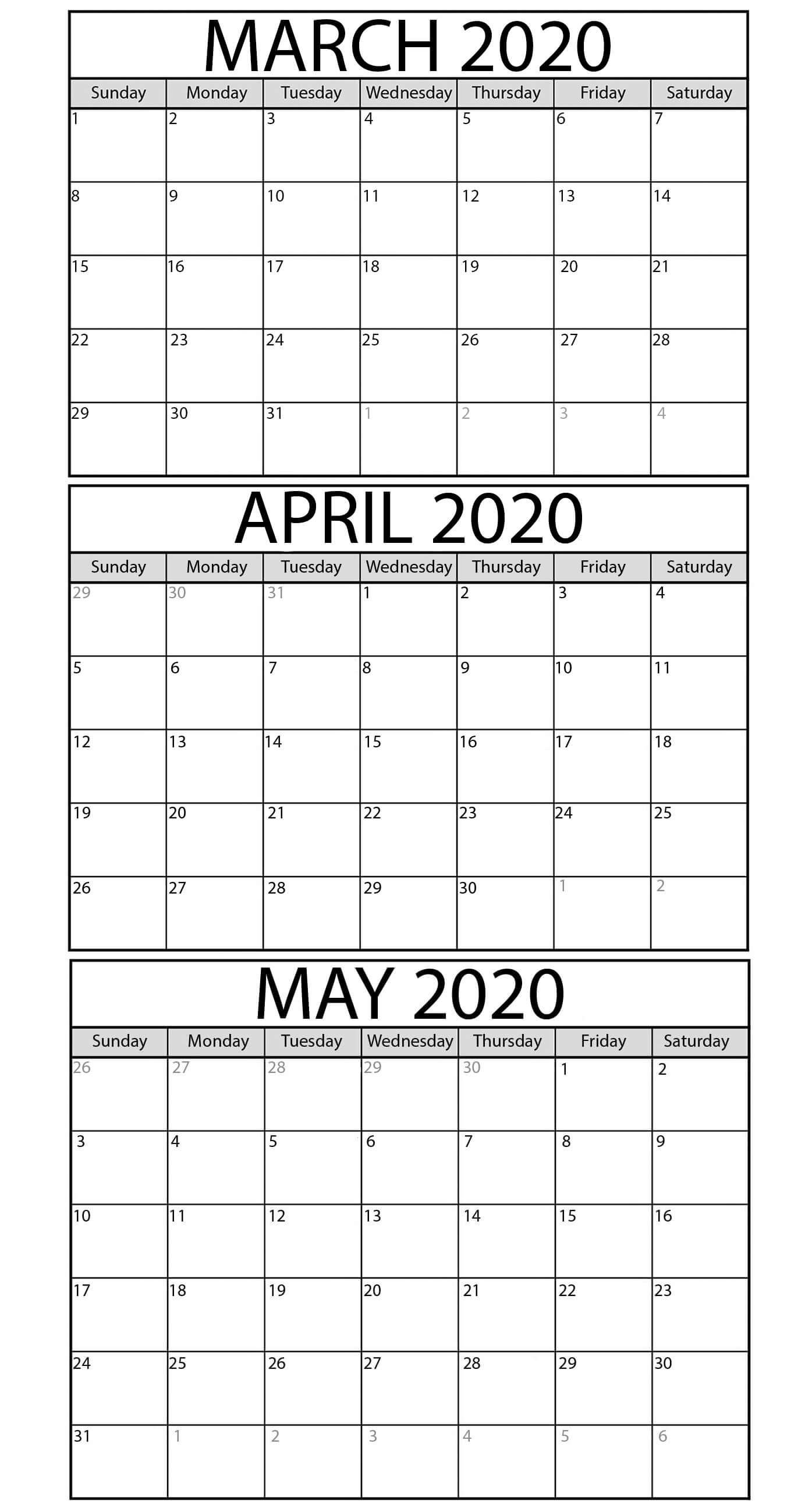 Printable March To May 2020 Calendar Templates - 2019