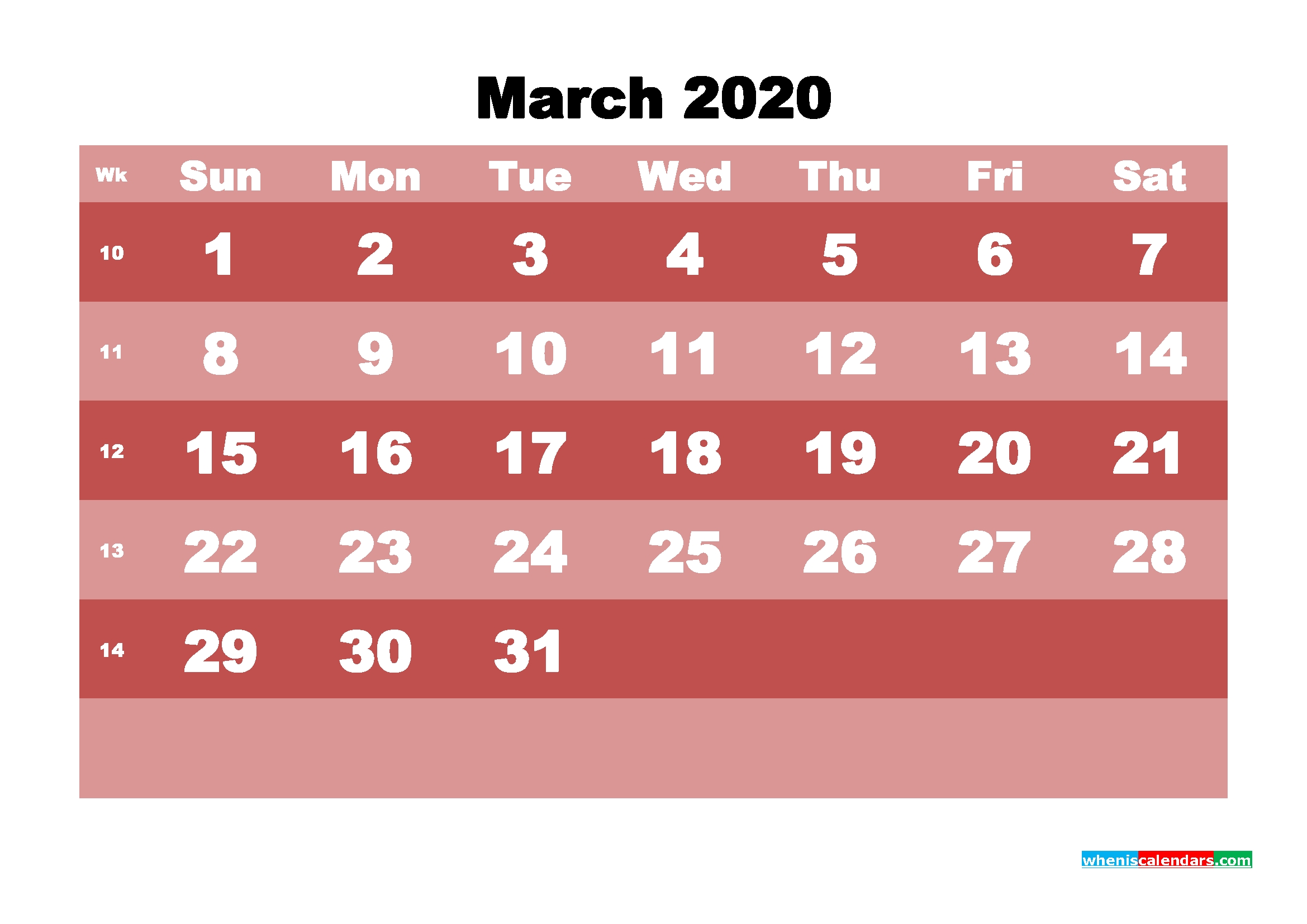 Printable Monthly Calendar 2020 March With Week Numbers