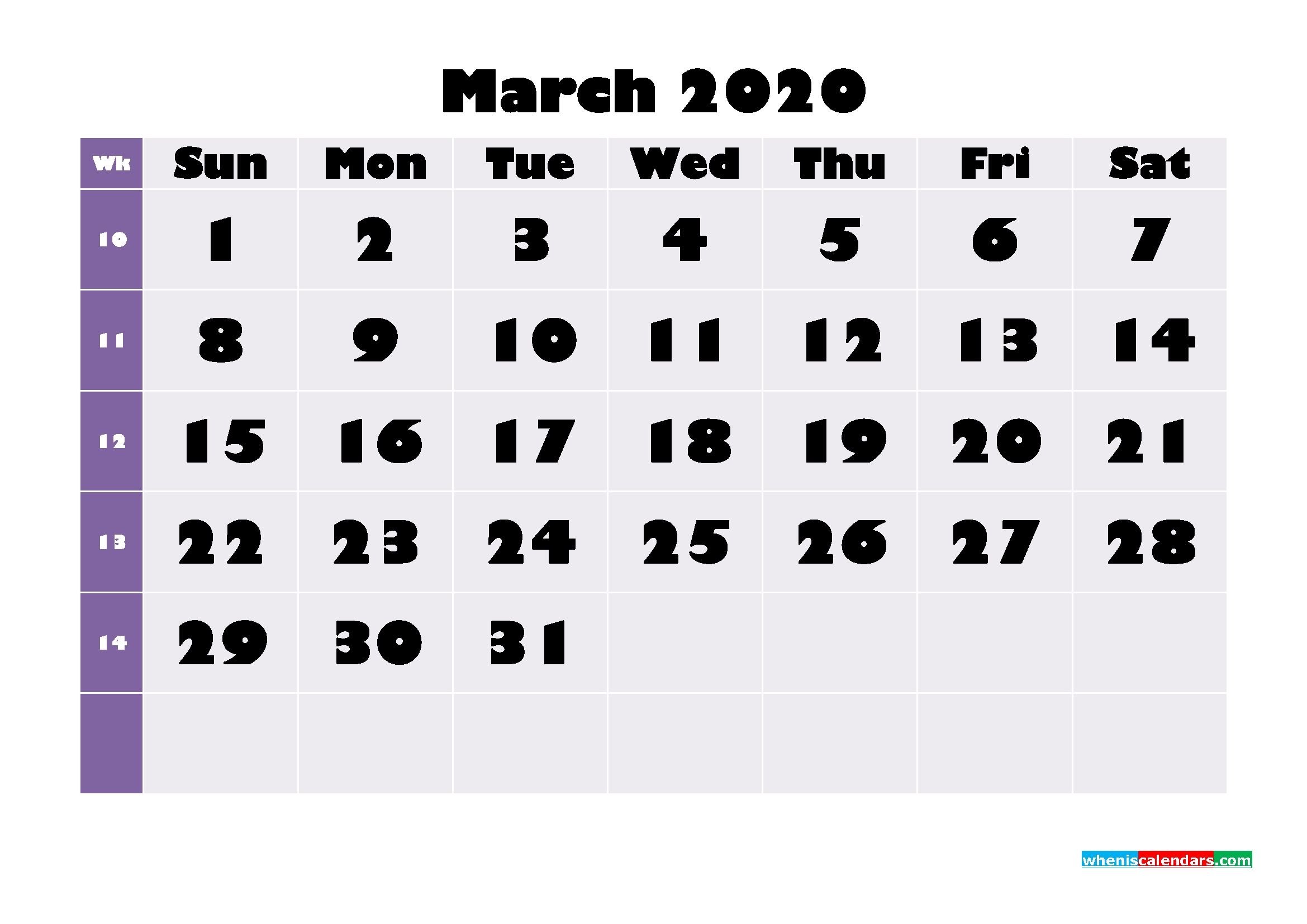 Printable Monthly Calendar 2020 March With Week Numbers