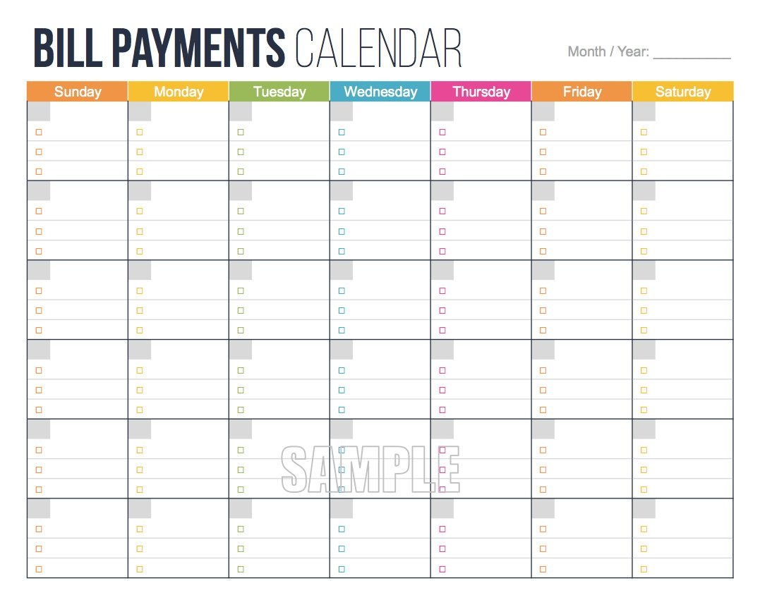 Printable Personal Bill Pay Calendar Template : Vientazona