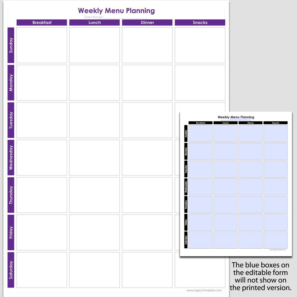 Printable Weekly Meal Planning – 8 1/2″ X 11″ (V). The