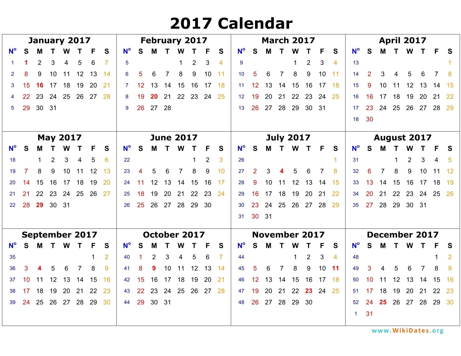 Printable Yearly 2017 Calendar With Twelwe Month Calendar