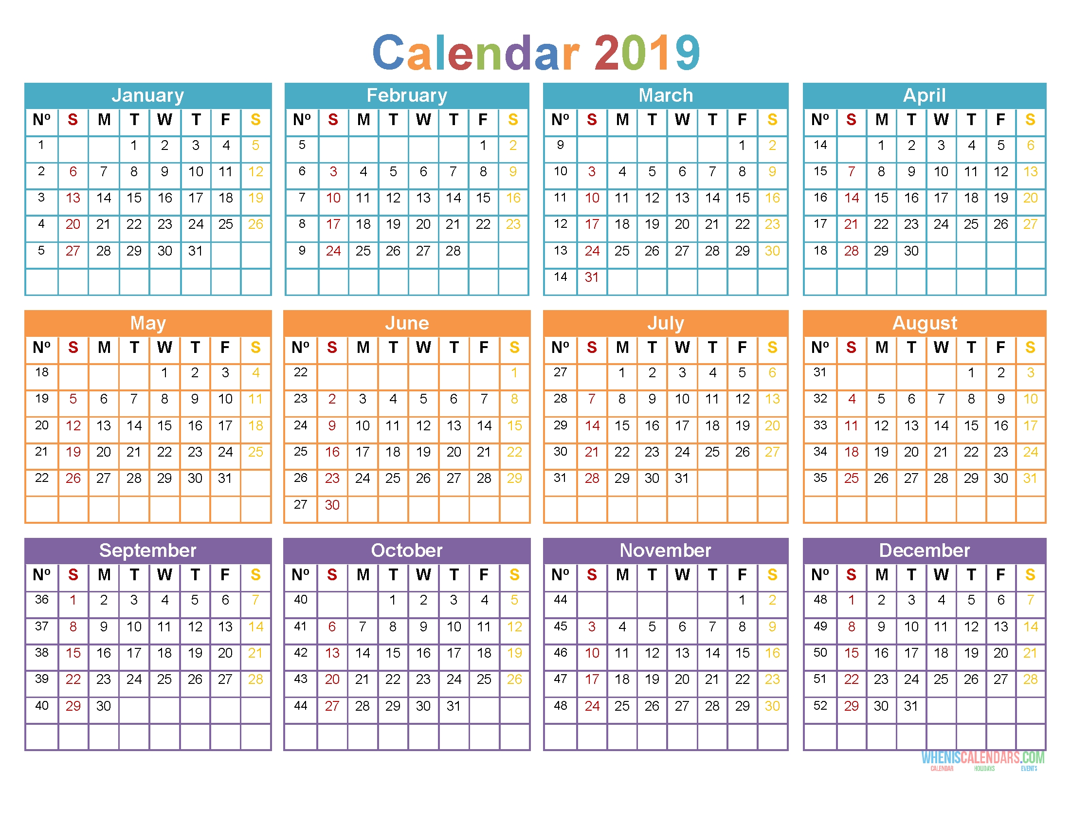 Printable Yearly Calendar 2019 12 Month On 1 Page, Sunday