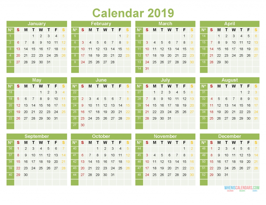 Printable Yearly Calendar 2019 12 Month On 1 Page Word, Pdf