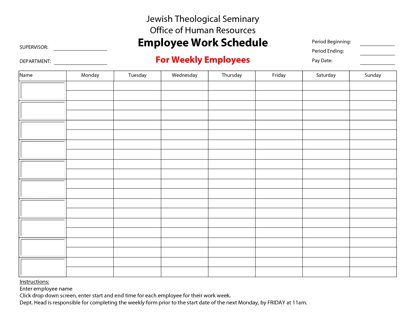 printable work schedule template large print