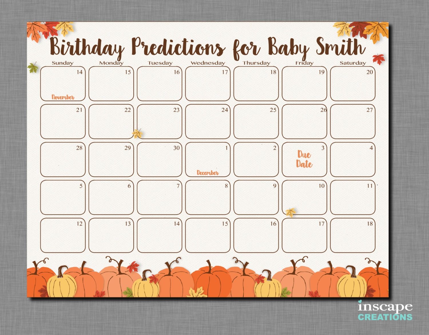 Pumpkin Baby Shower Birthday Predictions Calendar Printable, Little Pumpkin  Baby Shower Due Date Calendar, Fall Birthday Guess Calendar