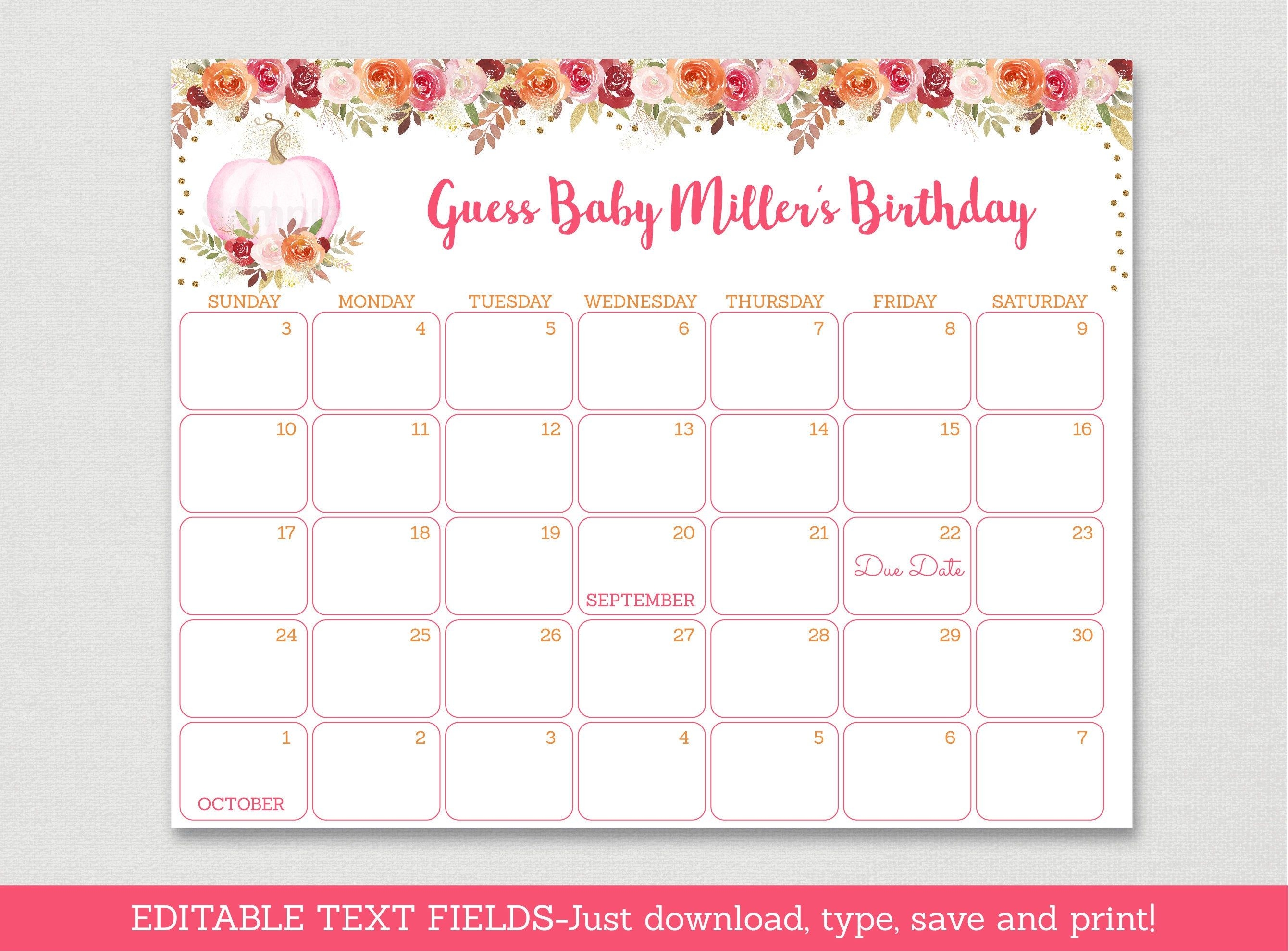 Pumpkin Floral Baby Due Date Calendar / Pumpkin Baby Shower / Fall Baby  Shower / Glitter Pumpkin / Birthday Predictions / Editable Pdf A466
