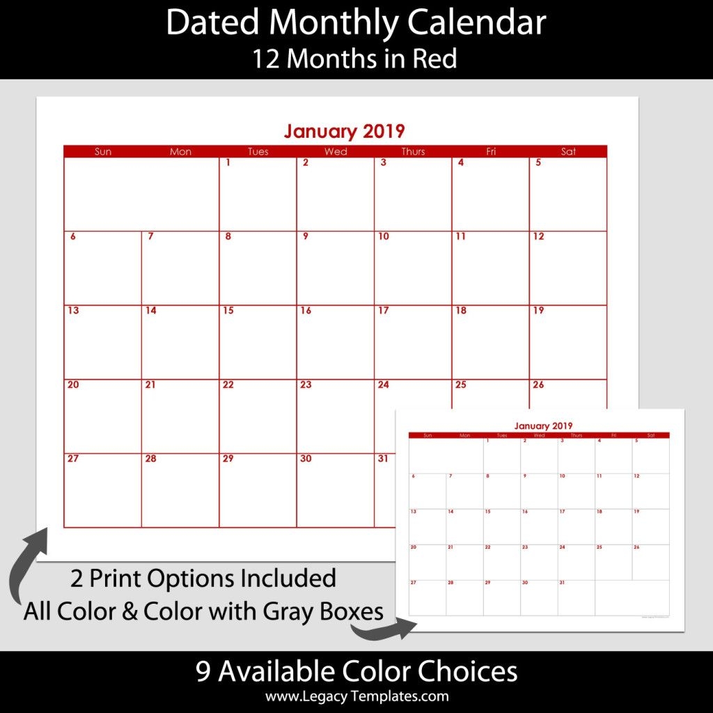 Red Dated Landscape Monthly Calendar 8.5 X 11 | Legacy Templates