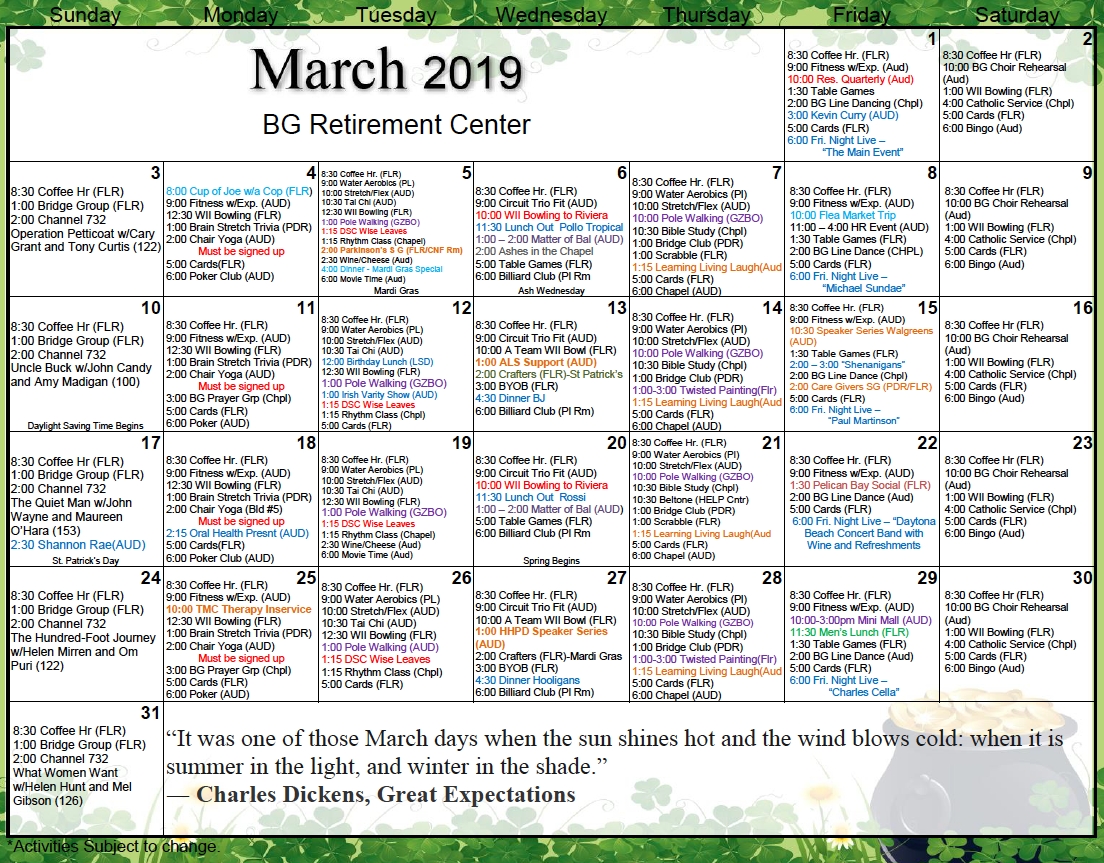 Retirement March Calendar - Bishop&#039;s Glen Retirement Center