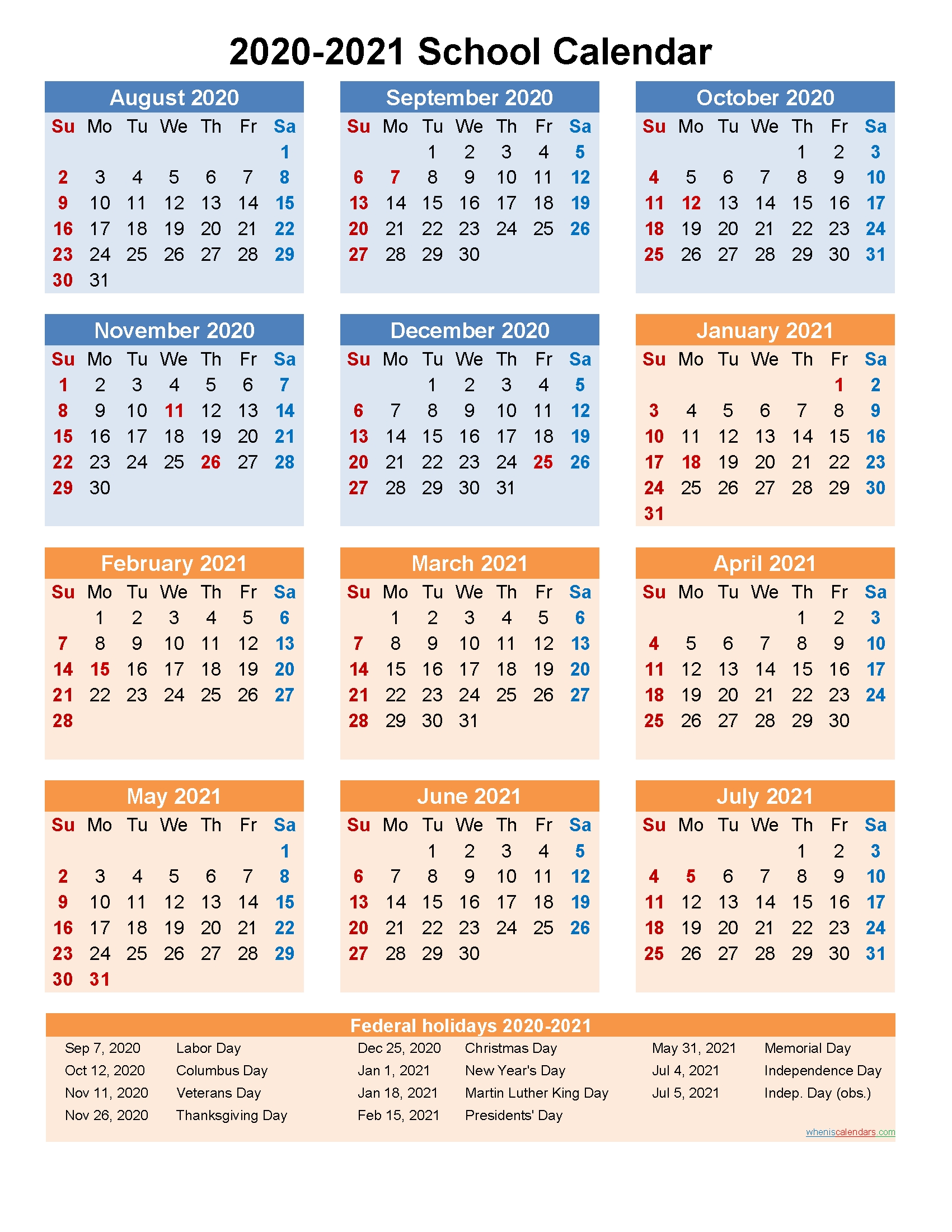 School Calendar 2020 And 2021 Printable (Portrait)- Template