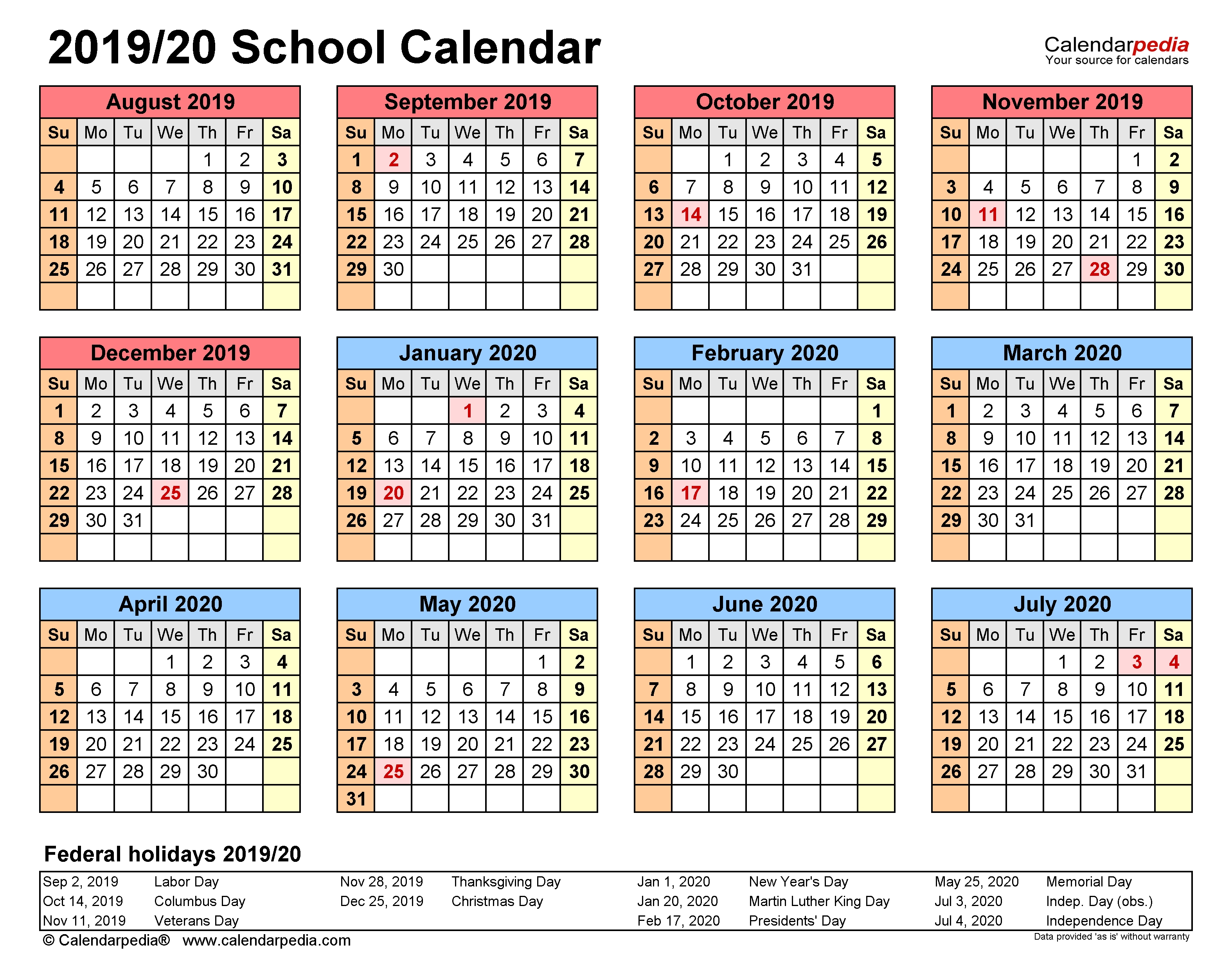 School Calendars 2019/2020 - Free Printable Word Templates